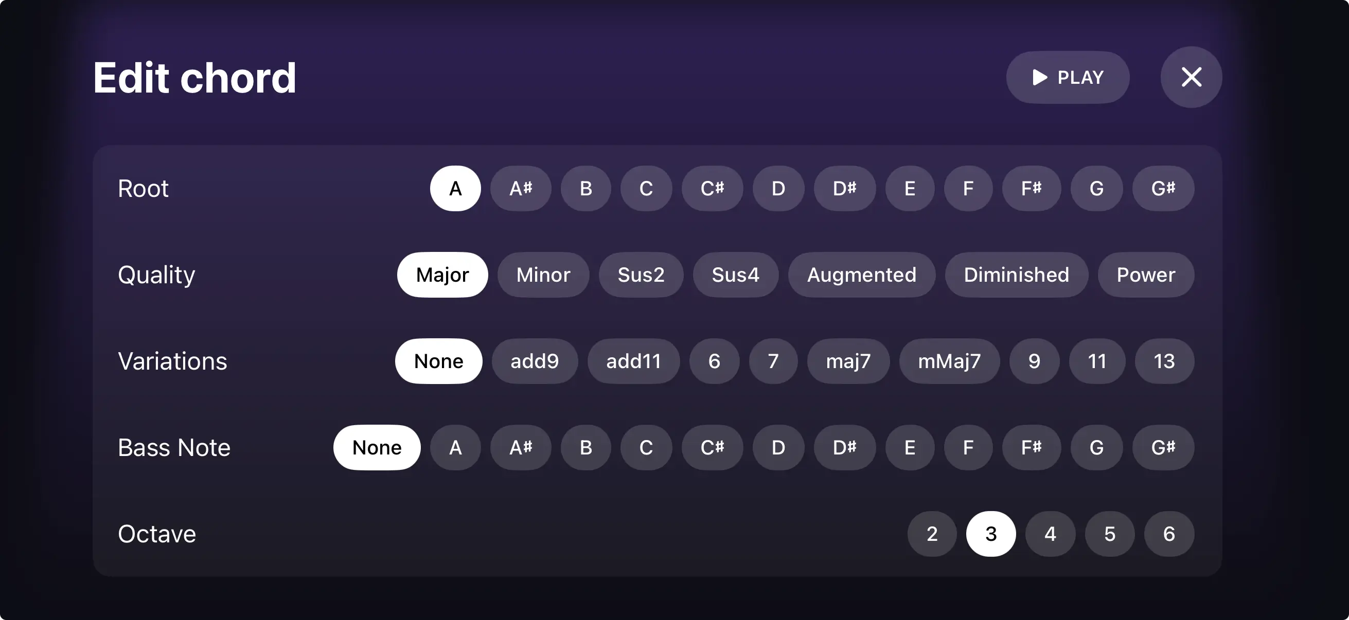 Piano Aura's Chord Builder, with rows to choose the root note, chord quality, variations, bass note, and octave