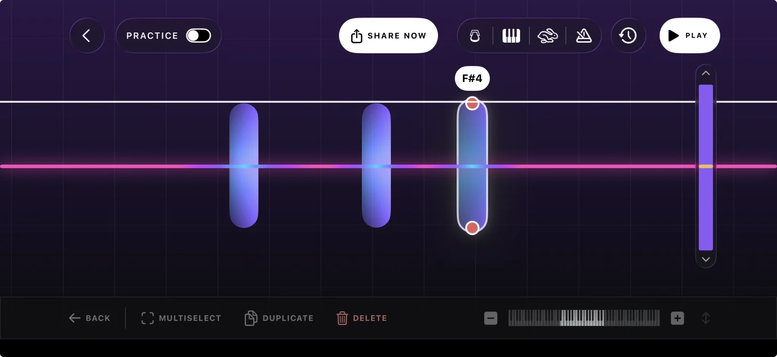 Piano Aura in Create Music mode on iPhone — a multi-track note timeline with one note selected for editing, a practice toggle, a play button, and a share control.