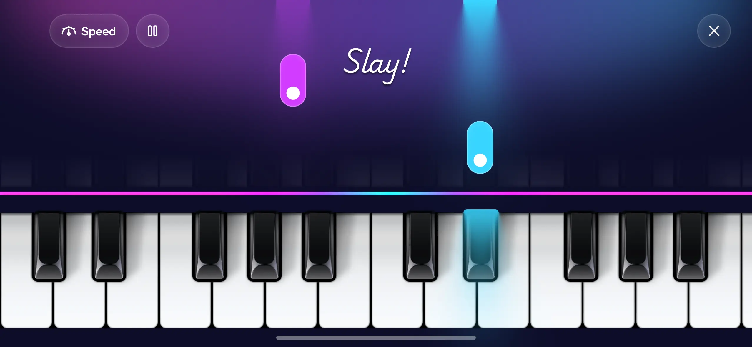 Piano Aura in Piano Game mode on iPhone — pink and cyan notes falling toward the keyboard with one key lit up, a speed control, and a streak callout.