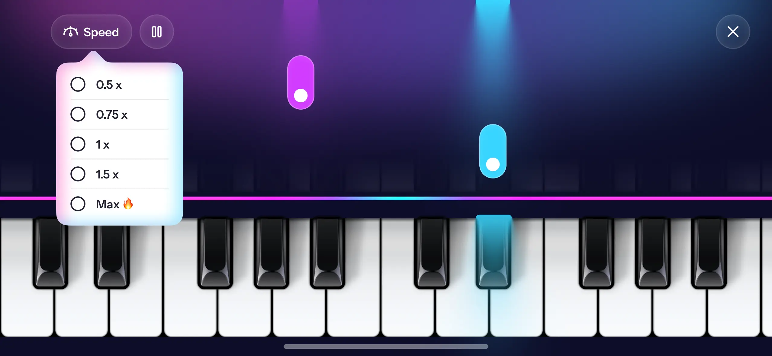 Piano Game's speed options, from half speed up to Max