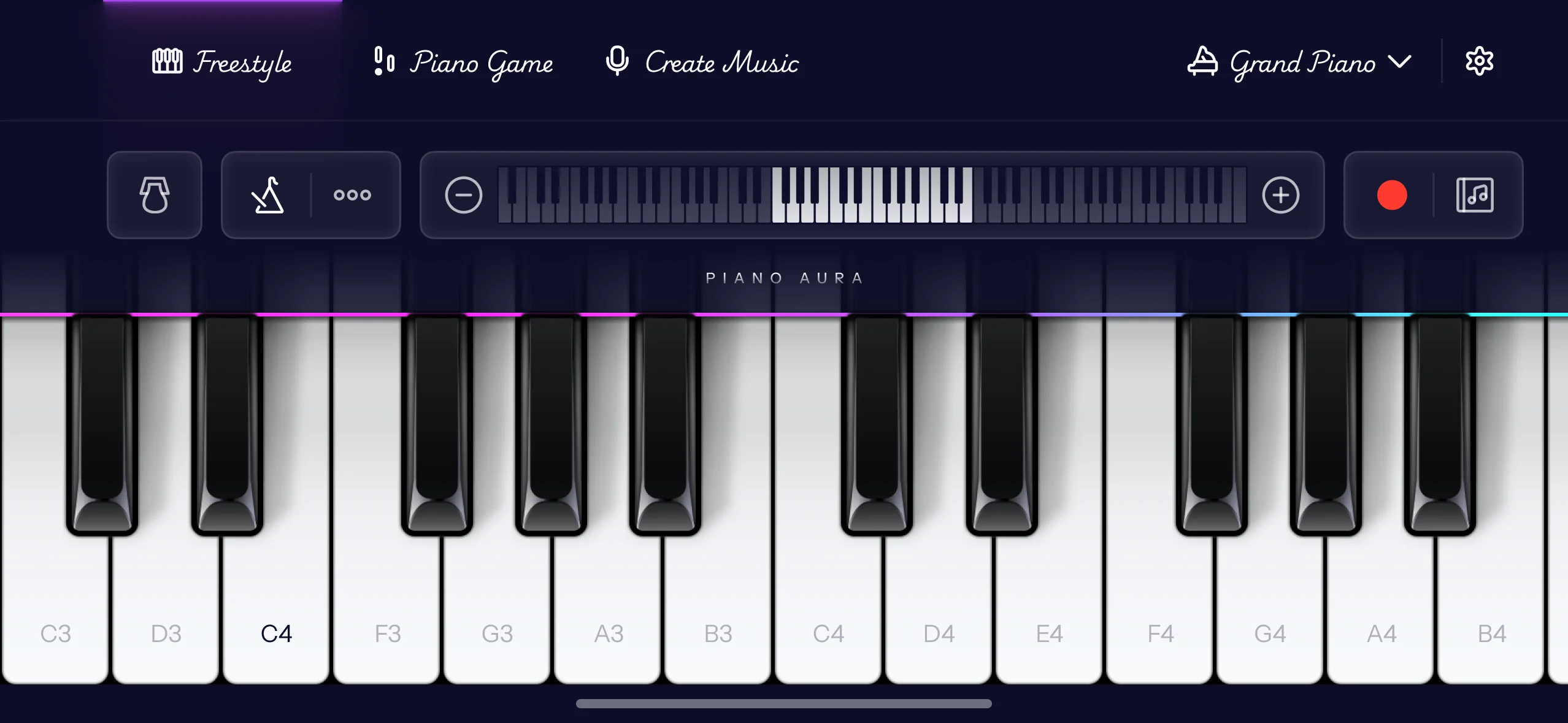 Piano Aura freestyle keyboard with grand piano keys, recording controls, and instrument selector