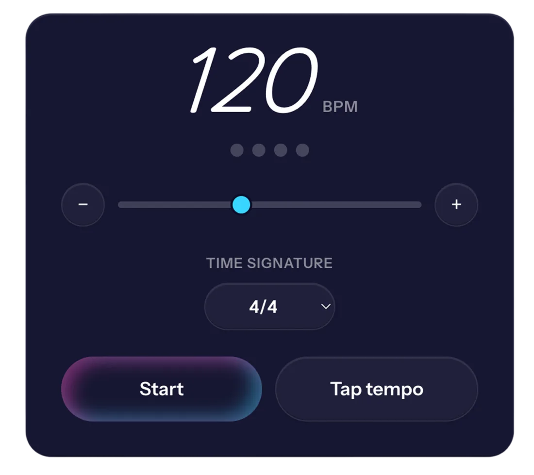 The Piano Aura online metronome set to 120 BPM in 4/4 time, with a tempo slider, time-signature picker, and start and tap-tempo buttons.